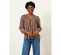FatFace Cotton Blend Ditsy Floral Blouse with Linen Brown Mix