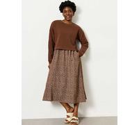 FatFace Embroidered Ditsy Floral 2 in 1 Midi Dress Brown Mix
