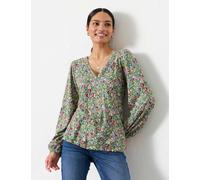 FatFace Pure Cotton Disty Floral V-Neck Blouse Green Mix