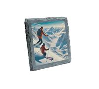 Father and Child Ski Adventure Slate Coaster - Celebrate Bonding on the Slopes (slco-kf25-dadkidskikvd)