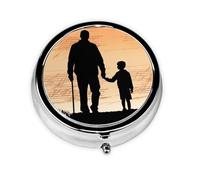 Father and Son Silhouette Pill Box Metal Round Small Pill Case Cute 3 Compartment Pill Organizer Portable Travel Pillbox Mini Pill Container Holder for Daily Medicine Supplement Vitamin