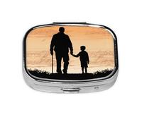 Father and Son Silhouette Print Pill Box Square Pill Case 2 Compartment Small Metal Medicine Organizer Portable Travel Pillbox for Pocket Purse Cute Mini Pill Container to Hold Daily Vitamins