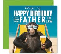 Father in Law Birthday Card - Relaxing Chimp on Beach - Happy Birthday Card for Father in Law from Son Daughter, 145mm playful animal illustration Bday Greeting Cards
