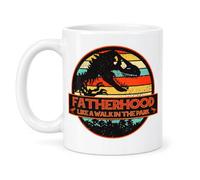 Fatherhood Walk in the Park Funny Dinosaur Dad Coffee Mug | 11 Oz Dad Gift | Funny dinosaur dad mug for movie buffs, new dads and fathers who love retro adventure humor, coffee, and unique gifts.