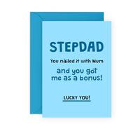 Father's Day Card For Step Dad - 'Got Me As A Bonus' - Cheeky Birthday Cards For Men, Step Father, Daddy, Him, Pops, Grandad, Uncle, Pop, Lads - Funny Bonus Gift - Comes With Stickers