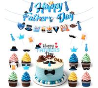 Fathers Day Decorations, Happy Fathers Day Banner Set with Cake Topper & Cupcake Toppers, Blue Theme Party Supplies for Dad Father's Day Party Family Dinner Decor