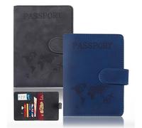 Father's Day Gifts 2 Pcs Passport Holder, Passport Cover Travel Wallet Organiser, Passport Case with RFID Buckle Closure PU Leather Document Holder for Men Women Family Travel Essentials, Black & Blue