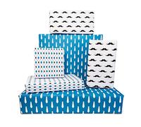 Father's Day Mens Wrapping Paper - 100% Recycled and Recyclable Blue Wrapping Paper | 6 x Premium Gift Wrap Sheets - 3 Different Designs, Moustaches | Ties | Blue Geometric. 70cmx50cm each