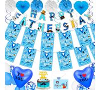Father's Day Party Decorations Happy Fathers Day Banner Blue and White Balloons Happy Father’s Day Bunting Garland Blue Heart Shaped Paper Fans Fathers Day Cards for Dad Fathers Day Decorations