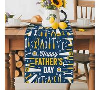 Father's Day Table Runner 13x36 Inches Long Hand Tools Industrial Navy Blue Background Cotton Linen Table Runner Burlap Style for Dinner Table Party Decor Tabletop Decorations