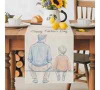 Father's Day Table Runner 13x60 Inches Long Father and Son Sitting on A Bench Cotton Linen Table Runner Burlap Style for Dinner Table Party Decor Tabletop Decorations