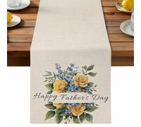 Father's Day Table Runner, Blue Yellow Rose Flower Linen Texture Cotton and Table Linen Runner for Kitchen Dining Home Decor for Party Festival Holiday Decoration Gift 18x72in