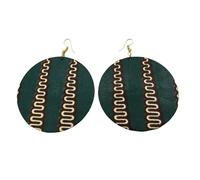 Fatisha Boutique African Print Earrings, Green and Cream Ankara Fabric, Round Dangle Statement Jewellery, Handmade