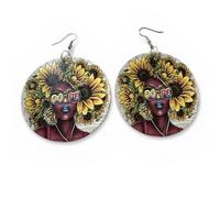 Fatisha Boutique Afrocentric Wooden Dangle Earrings, Sunflower Afro Woman Print, Lightweight Statement Jewellery