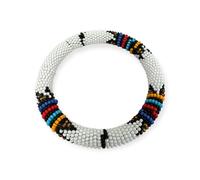 Fatisha Boutique Handmade African Beaded Bangles - Authentic Multicolor Stackable Bracelet | Ethnic Tribal Jewelry for Women & Men | One Size Fits Most (White)