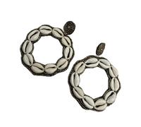 Fatisha Boutique Handmade Cowrie Shell Hoop Earrings, Oversized African Tribal Statement Jewellery with Bronze Beading