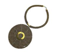 Fatisha Boutique Maasai Collection Gold African Statement Necklace, Handmade Tribal Beaded Choker with Large Round Pendant, Ethnic Artisan Jewelry for Women