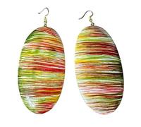 Fatisha Boutique Multicolor Striped Wooden Oval Dangle Earrings, Handcrafted Boho Statement Jewellery with Gold Tone Hooks