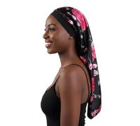 Fatisha Boutique Printed Satin Silk Long Bonnet Cap for Braids, Dreadlocks, Locs, and Long Hair - Lightweight Single Layer Sleep Cap with Elastic Band - Floral Design for Women (Black)