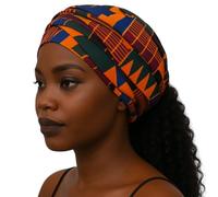 Fatisha Boutique Traditional African Kente Print Head Wrap, Ankara Wax Fabric Turban Scarf, Orange Multi-Colour Geometric Pattern