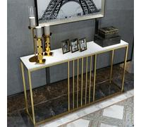 Fativo 120Cm W Slim Narrow Hallway Console Sintered Stone Table Scratch-Proof Marble Long Bar Table Gold Legs, White