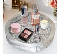 Fativo 1Pcs L30X W30X H5Cm Round Silver Mirror Decorative Tray Mirrored Vanity Organizer W/ Crushed Diamond