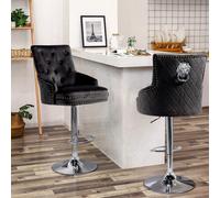 Fativo 1Pcs Luxury Velvet Bar Stool Swivel Lion Knocker & Cross Stitch High Back Black Height Adjustable106-127 Cm H
