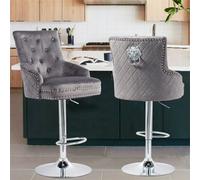 Fativo 1Pcs Luxury Velvet Bar Stool Swivel Lion Knocker & Cross Stitch High Back Grey Height Adjustable106-127 Cm H