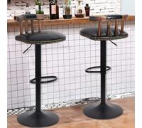 Fativo 2X Industrial Leather Bar Stools Kitchen Breakfast Chairs Vintage Wood Backrest Adjustable Height 76.5-98Cm,black