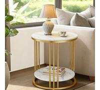 Fativo Steady 2 Tiers Sintered Stone Marble Round Sofa Side Table Sintered Stone Top Marble Effect/gold Frame