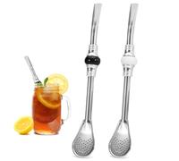 Fatiya 2 Pcs Stainless Steel Yerba Mate Straw, Reusable Bombilla Mate Spoon Straws, 7.4 Inch Long Tea Coffee Filter Straw for Loose Tea Cocktail (Black & White Bead)