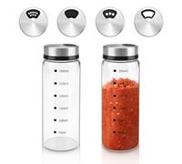 Fatiya 2 Pieces 10 Oz Salt and Pepper Shakers with Adjustable Pour Holes, Glass Seasoning Shaker Bottle with Stainless Steel Lid & Scale, Clear Salt Dispenser Container for Kitchen Restaurant Cooking