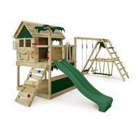FATMOOSE TikaTaka Town XXL Play Tower with Swing and Green Slide, Children's Climbing Tower with Sandpit, Ladder and Garden Play Accessories