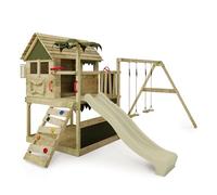 FATMOOSE TikaTaka Town XXL Play Tower with Swing and Slide Sage Green, Outdoor Climbing Tower for Kids with Sandpit, Ladder and Garden Play Accessories