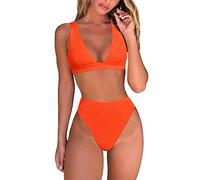 Fatty Tiger Womens High Waisted Thong Bikini Sets Sexy Brazilian Triangle Top Deep V Neck Two Piece Swimsuit Bathing Suits, Orange, Large