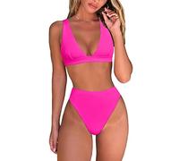 Fatty Tiger Womens High Waisted Thong Bikini Sets Sexy Brazilian Triangle Top Deep V Neck Two Piece Swimsuit Bathing Suits, Pink, Medium