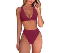 Fatty Tiger Womens High Waisted Thong Bikini Sets Sexy Brazilian Triangle Top Deep V Neck Two Piece Swimsuit Bathing Suits, Wine Red, Large