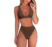 fatty tiger Womens High Waisted Thong Bikini Sets Sexy Brazilian Triangle Top Deep V Neck Two Piece Swimsuit Bathing Suits, Brown, Large