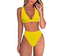 Fatty Tiger Womens High Waisted Thong Bikini Sets Sexy Brazilian Triangle Top Deep V Neck Two Piece Swimsuit Bathing Suits, Yellow, Large