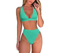 Fatty Tiger Womens High Waisted Thong Bikini Sets Sexy Brazilian Triangle Top Deep V Neck Two Piece Swimsuit Bathing Suits, Green, Large