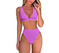Fatty Tiger Womens High Waisted Thong Bikini Sets Sexy Brazilian Triangle Top Deep V Neck Two Piece Swimsuit Bathing Suits, Purple, S