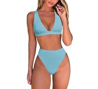 Fatty Tiger Womens High Waisted Thong Bikini Sets Sexy Brazilian Triangle Top Deep V Neck Two Piece Swimsuit Bathing Suits, Light Blue, XL