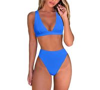 fatty tiger Womens High Waisted Thong Bikini Sets Sexy Brazilian Triangle Top Deep V Neck Two Piece Swimsuit Bathing Suits, Baby Blue, Large