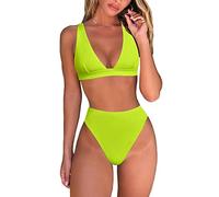 Fatty Tiger Womens High Waisted Thong Bikini Sets Sexy Brazilian Triangle Top Deep V Neck Two Piece Swimsuit Bathing Suits, Bright Green, Small