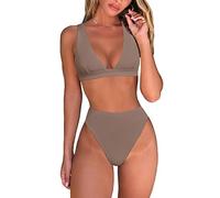 fatty tiger Womens High Waisted Thong Bikini Sets Sexy Brazilian Triangle Top Deep V Neck Two Piece Swimsuit Bathing Suits, Coffee, Large