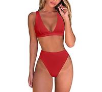 Fatty Tiger Womens High Waisted Thong Bikini Sets Sexy Brazilian Triangle Top Deep V Neck Two Piece Swimsuit Bathing Suits, Red, Small