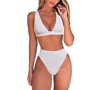 Fatty Tiger Womens High Waisted Thong Bikini Sets Sexy Brazilian Triangle Top Deep V Neck Two Piece Swimsuit Bathing Suits, White, X-Large