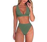 fatty tiger Womens High Waisted Thong Bikini Sets Sexy Brazilian Triangle Top Deep V Neck Two Piece Swimsuit Bathing Suits, Army Green, Medium