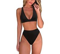 Fatty Tiger Womens High Waisted Thong Bikini Sets Sexy Brazilian Triangle Top Deep V Neck Two Piece Swimsuit Bathing Suits, Black, Large