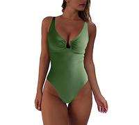 fatty tiger Womens One Piece Swimsuits Tummy Control U Wire Bathing Suit Ruched Push Up Swimwear High Cut Monokini, Army Green, Large